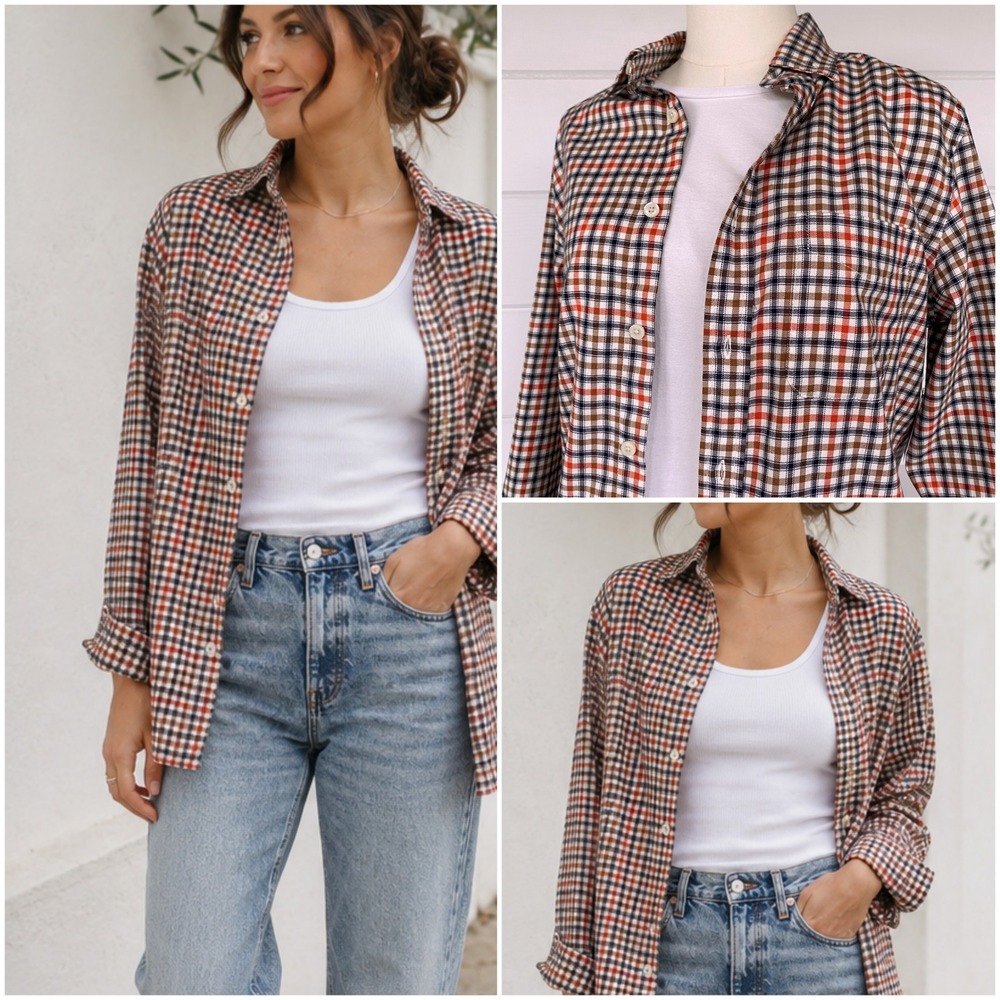 NWT Old Navy Boyfriend‎ Flannel Shirt S Soft Stretch Plaid Cotton Orange Brown